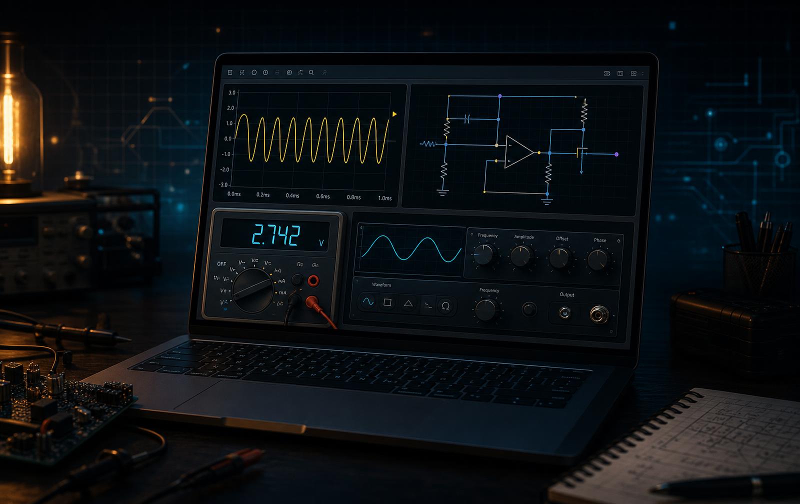 Laptop displaying a virtual electronics workbench with oscilloscope, multimeter, and circuit schematic